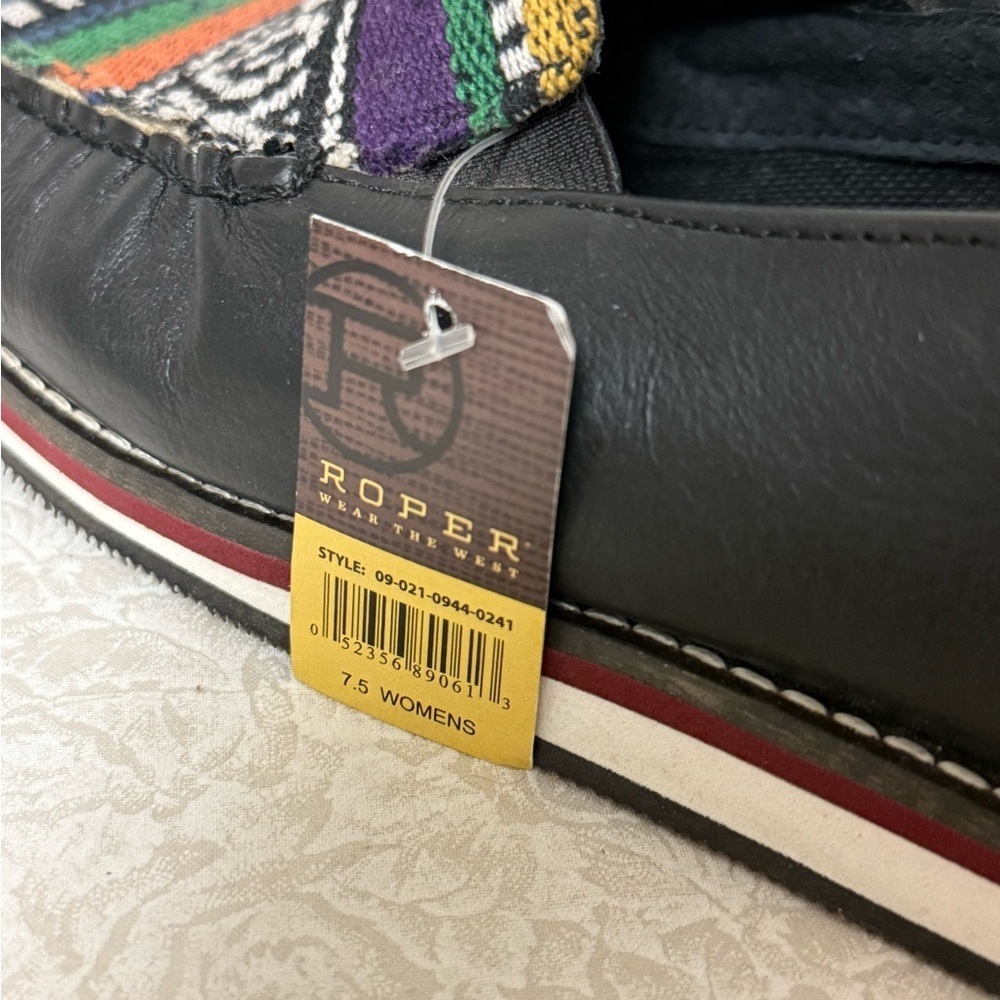 NWT Roper Ladies Jacolin Leather/Serape Shoes Black Country Western Loafers 7.5 - Picture 13 of 14
